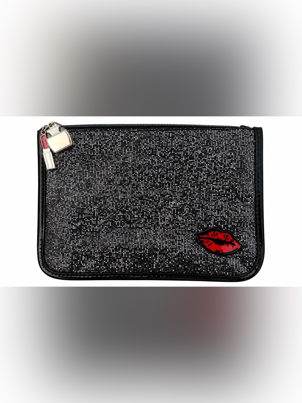 NWOT Black Sequin Glam Clutch / Cosmetic Bag with Lipstick & Red Lips Charms